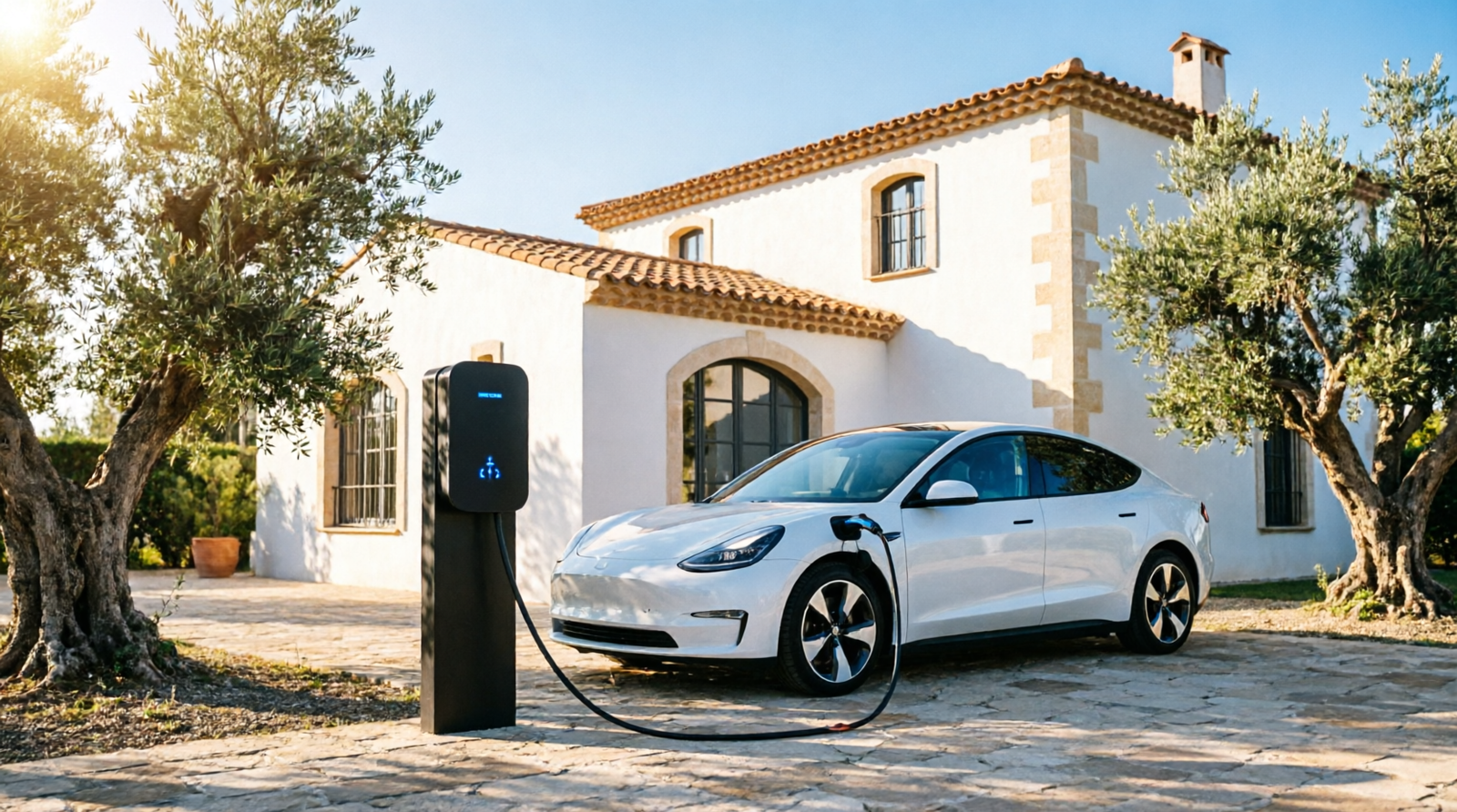 Voiture électrique en recharge devant une villa provençale